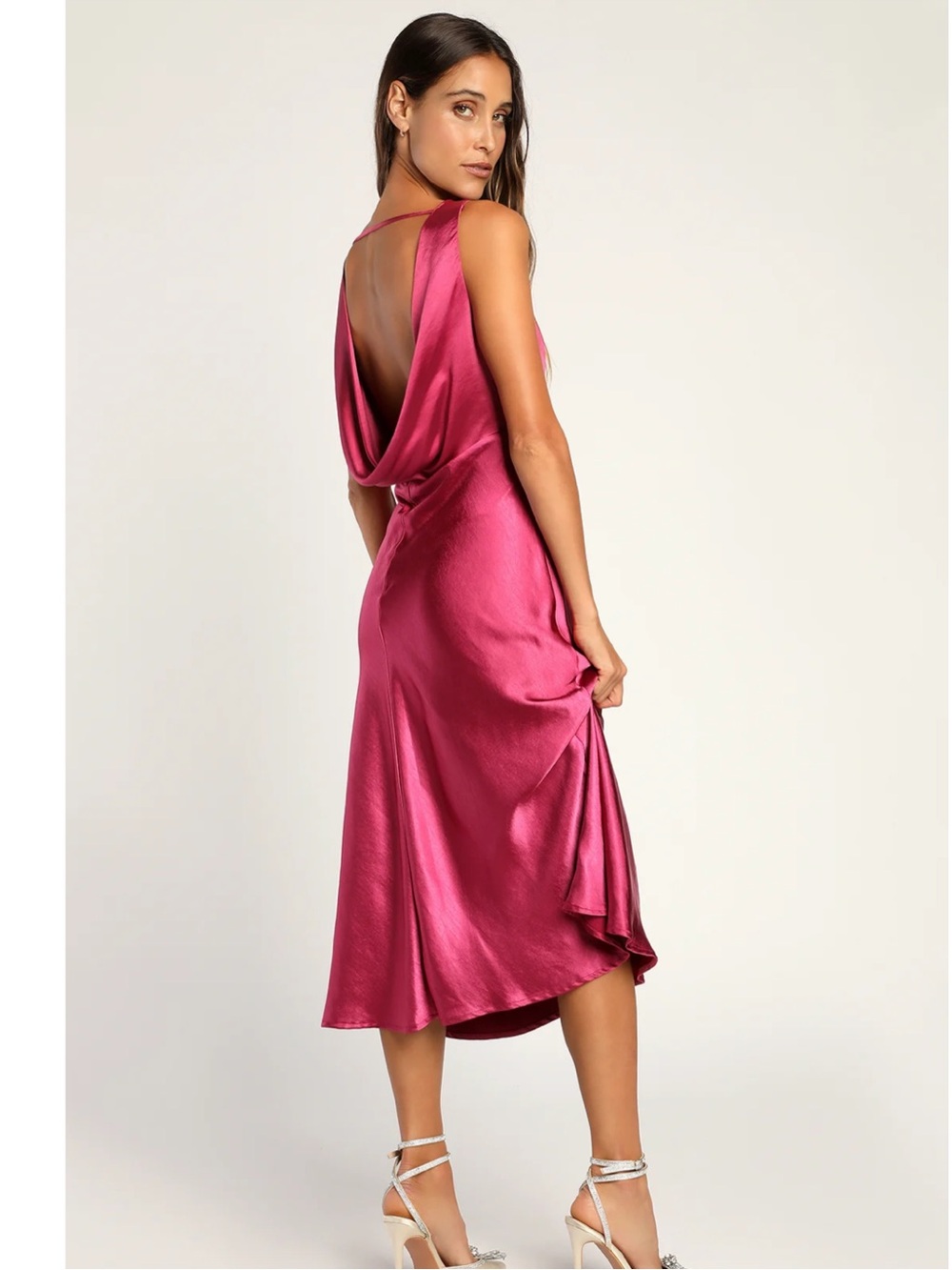 Lulus Incredible Love Magenta Satin Cowl Back V-Neck Midi Slip Dress XL - Picture 2 of 14